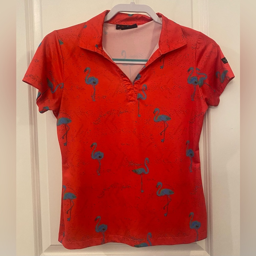 Yatta Golf Shirt Sz XS Red w/Teal Flamingos Pit To Pit 18” Shoulder To Hem 22”